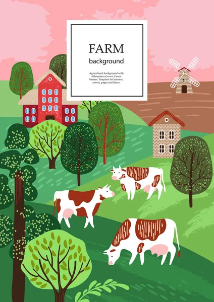 Folleto de muestra. Fondo agrícola. Vacas en el pasto. Siluetas de vacas y árboles. — Archivo Imágenes Vectoriales
