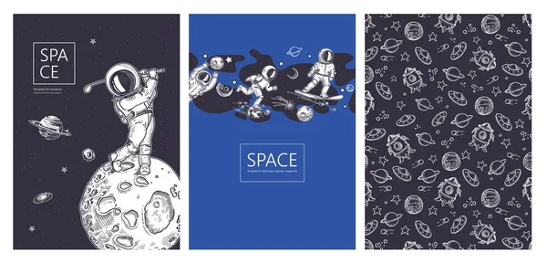 Set of space banners. Astronaut runs in space. Astronaut with a golf club. Astronaut rides on a snowboard. — ストックベクタ