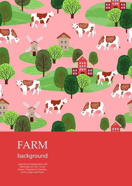 Provbroschyr. Jordbruksbakgrund. Kor i hagen. Silhuetter av kor och träd. — Stock vektor