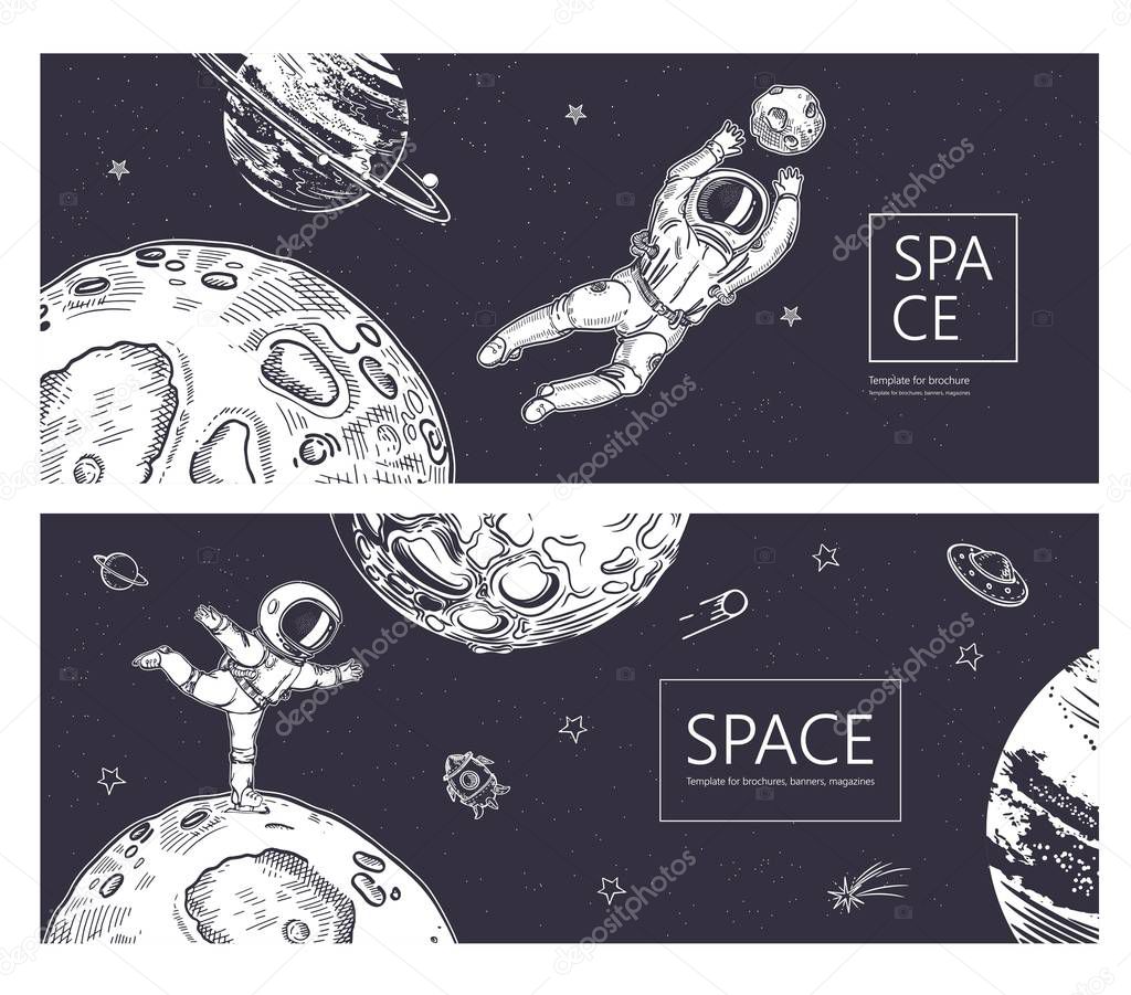 Set of horizontal backgrounds. An astronaut is ice skating in space. Astronaut catches a planet.