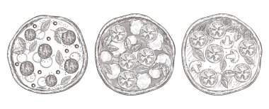 Bir dizi pizza görüntüsü. Sosisli pizza, domates, mantar, fesleğen..