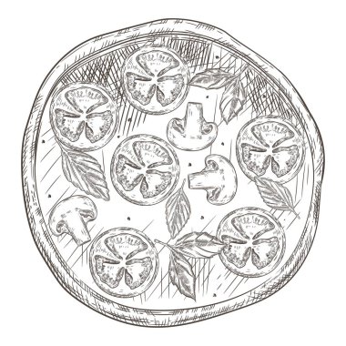 Domatesli pizza, mantar ve fesleğen. Klasik illüstrasyon.