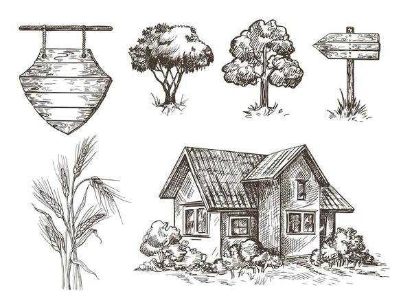 Casa de aldeia, árvores, bandeira de madeira, bainha de trigo . —  Vetores de Stock