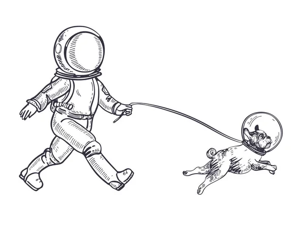 L'astronauta cammina con un cane. Un cane nello spazio. Pagina da colorare . — Vettoriale Stock