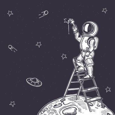 Astronot yıldızlı bir gökyüzü çizer. Astronot merdivenlerde duruyor..