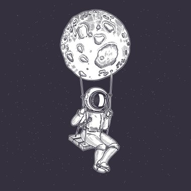 Astronot bir salıncakta oturuyor. El çizimi grafikler.