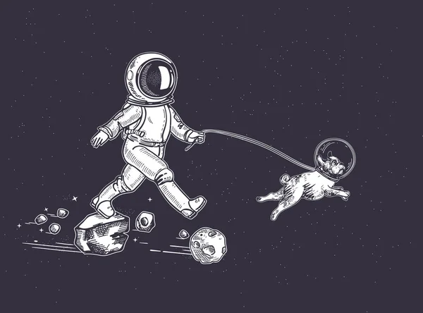 Astronauta pasea con un perro. Un perro en el espacio. Ilustración sobre el tema de astronomía . — Vector de stock