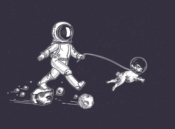 O astronauta caminha com um cão. Um cão no espaço. Ilustração sobre o tema da astronomia . — Vetor de Stock