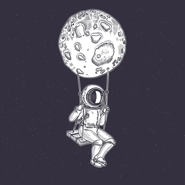 Astronauta está sentado en un columpio. Gráficos elaborados a mano . — Archivo Imágenes Vectoriales