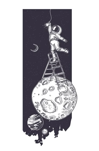 L'astronaute baise une ampoule alors qu'il se tient debout dans les escaliers. Échantillon d'impression pour T-shirts . — Image vectorielle