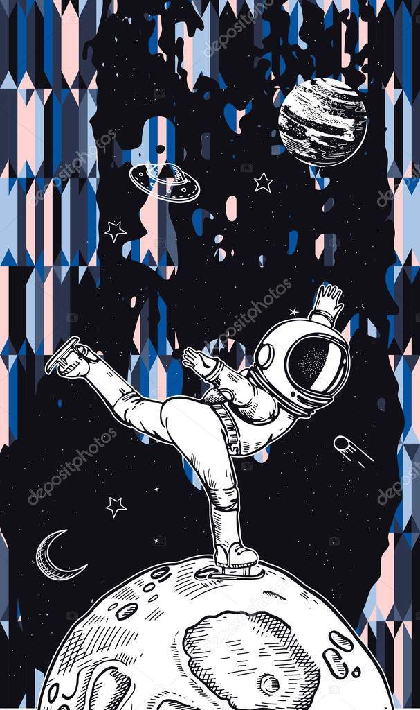 An astronaut is skating in space. Figure skating. Illustration on the theme of astronomy.