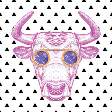Gözlüklü bir boğanın vektör görüntüsü. Üçgenin arka planında pembeye boyanmış boğa. Sürrealizm.