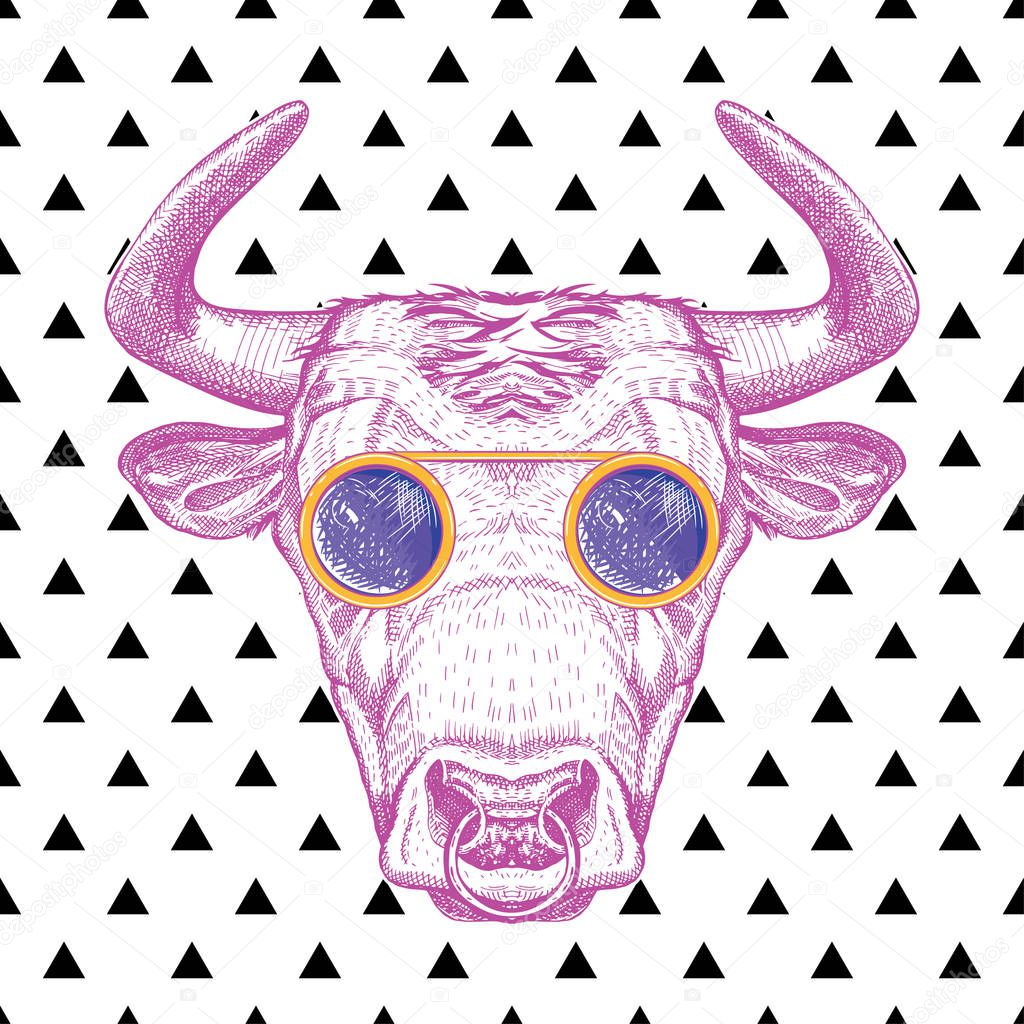 Vector image of a bull with glasses. The bull, painted in pink color on a background of triangle. Surrealism.