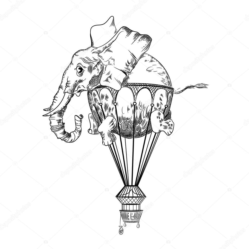 Vector image of an elephant flying in the sky. Tattoo art. T-shirt design.