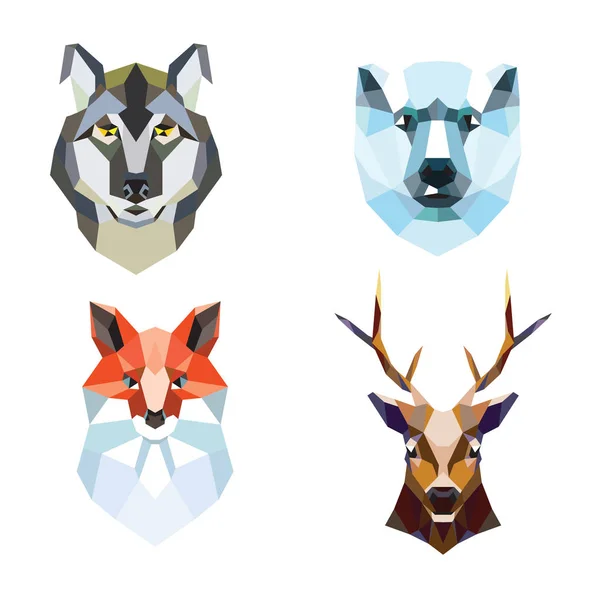 Meerhoekige portretten van vos, hert, wolf en ijsbeer. set illustraties. — Stockvector