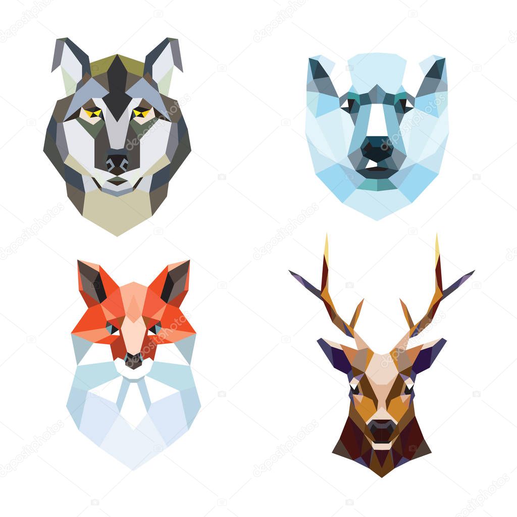 Polygonal portraits of fox, deer, wolf and polar bear. Set of illustrations. Vector graphics. Portrait of triangles.
