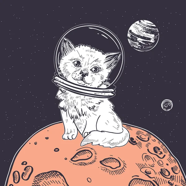 猫航天员正坐在太空的一颗红色星球上. 宇宙图解. — 图库矢量图片