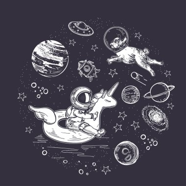 Roket, asteroitler ve ay. Dairesel kompozisyon. Alan arkaplanı