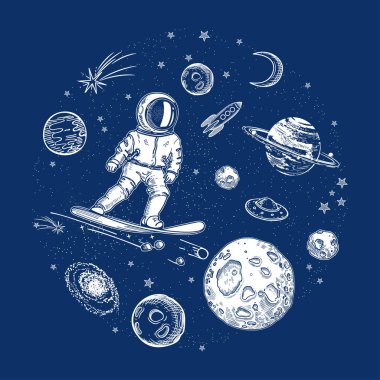 Roket, asteroitler ve ay. Dairesel kompozisyon. Alan arkaplanı