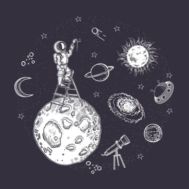 Roket, asteroitler ve ay. Dairesel kompozisyon. Alan arkaplanı