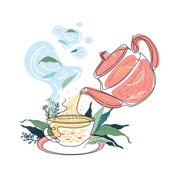 El té se vierte en una taza de una tetera. Hervidor y taza . — Vector de stock