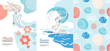 Set of fashion banners. Woman with long hair. Woman in the water.