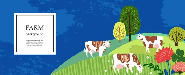Landwirtschaftlicher Hintergrund. Kühe auf der Weide. Silhouetten von Kühen, Häusern und Bäumen. — Stockvektor