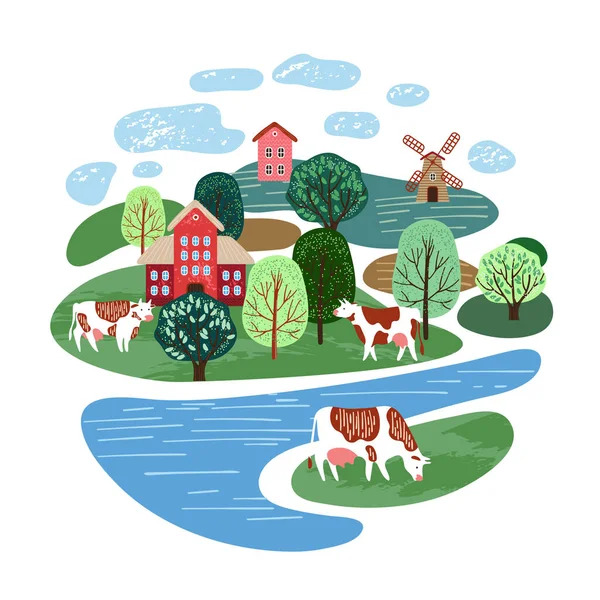 Landbouwillustratie. Koeien in de wei. Silhouetten van koeien, huizen en bomen. — Stockvector
