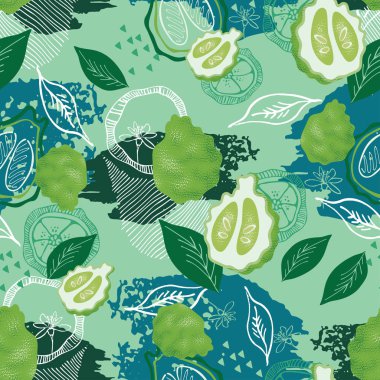Bergamot meyveleri ve yapraklarıyla yeşil, pürüzsüz bir desen. Citrus meyvesi..