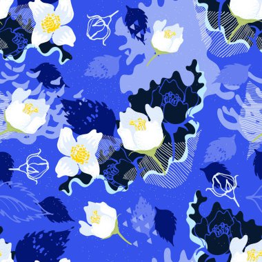 Yasemin çiçekleri ve yapraklarıyla mavi, pürüzsüz bir desen. Parlak bir arka plan. vektör illüstrasyonu.