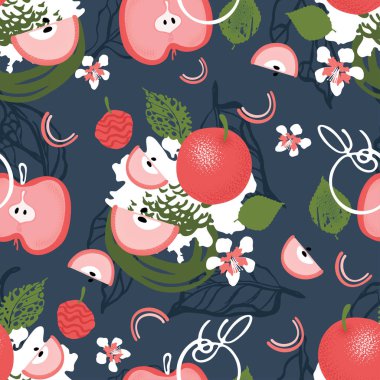 Elma ağacı yaprakları ve meyveleri olan mavi, pürüzsüz desen..