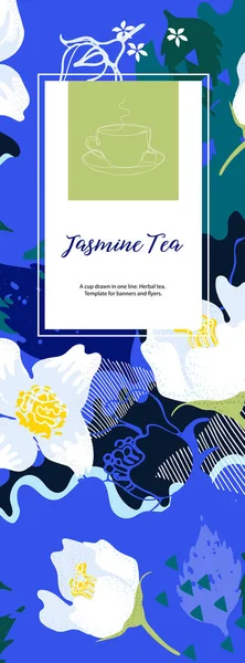 Blue background with jasmine leaves and flowers. Tea with jasmine. — Stock Vector