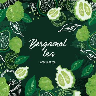 Çay kartı tasarımı. Bergamot 'lu çay. yeşil arkaplan.