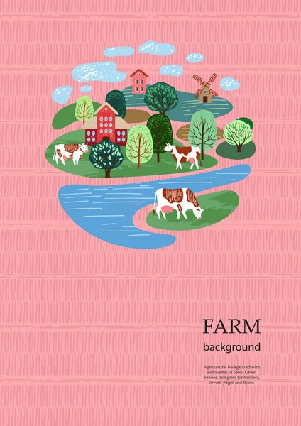 Voorbeeld brochure. Landbouwkundige achtergrond. Koeien in de wei. Silhouetten van koeien en bomen. — Stockvector