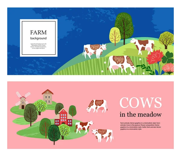 横向横幅。奶牛在牧场里奶牛、房屋和树木的轮廓. — 图库矢量图片