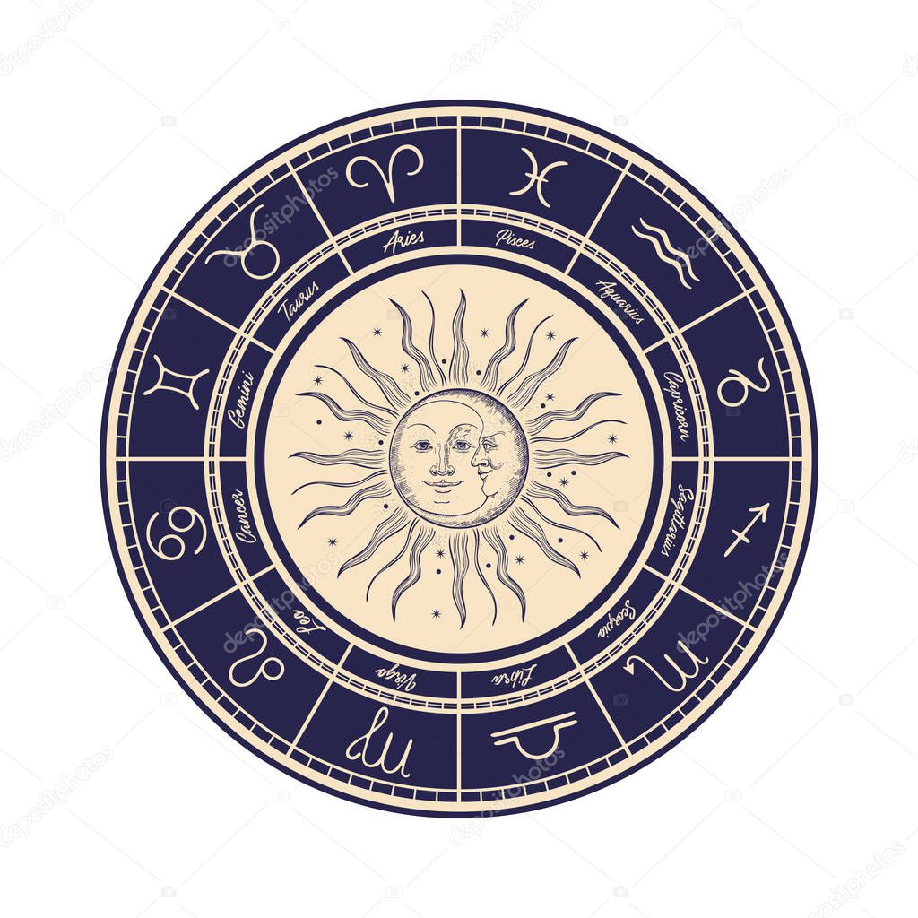 Horoscope circle. Astrological zodiac signs, arranged in a circle. The face of the sun and moon.