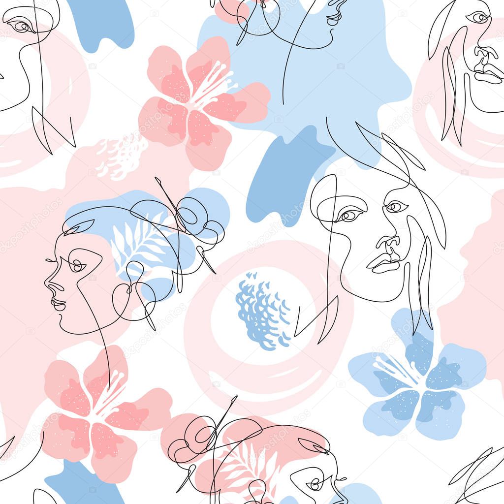 Seamless pattern with female faces. Pink and blue background.