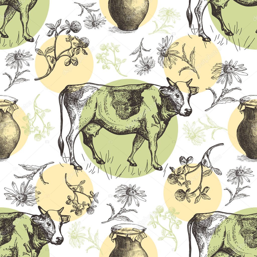 Seamless pattern with cows, earthen jar and camomiles. Sketch graphics.