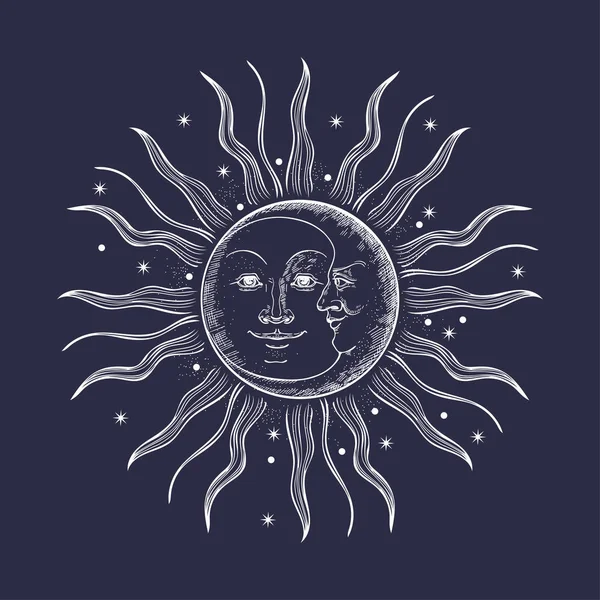 Das Gesicht der Sonne und des Mondes. Retro-Illustration. — Stockvektor