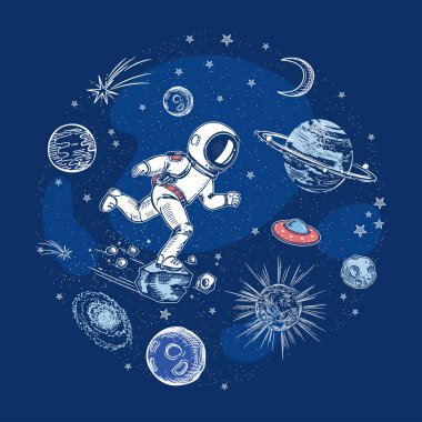 Roket, asteroitler ve ay. Dairesel kompozisyon. Alan arkaplanı