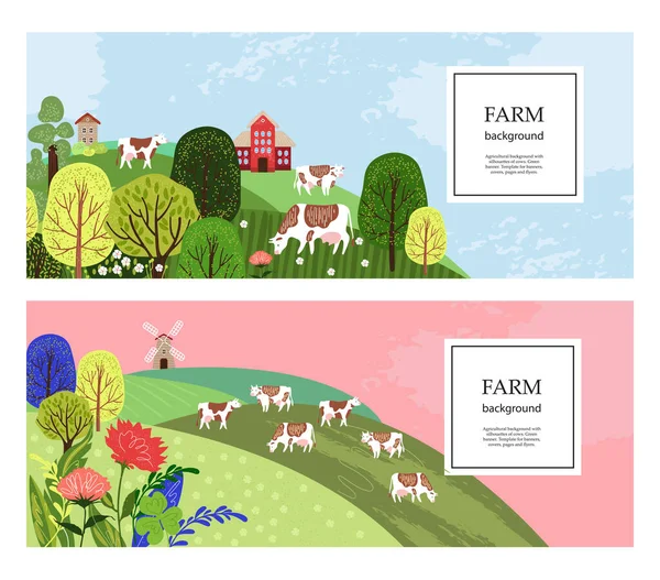 Horizontal banners. Cows in the pasture. Silhouettes of cows, houses and trees. — Stock Vector
