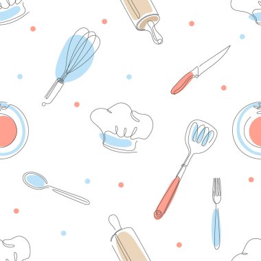 Seamless culinary pattern. Cooks cap, knives, forks, spoons, rolling pins.
