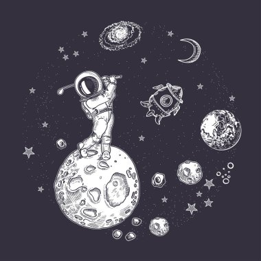 Roket, asteroitler ve ay. Dairesel kompozisyon. Alan arkaplanı