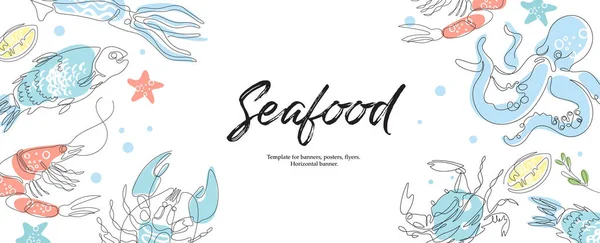 Lobster, fish, crab, shrimp, octopus, squid. Seafood. Restaurant menu. — Stock Vector
