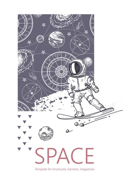 Space background. Outline astronaut, planets, satellites, flying saucers. An astronaut is snowboarding among the galaxy. — Stock Vector
