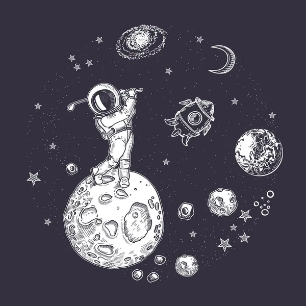 Rocket, asteroidi e la luna. Composizione circolare. Sfondo dello spazio — Vettoriale Stock