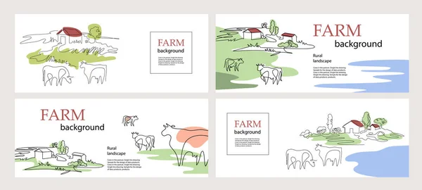 Horizontale Banner. Kühe und Dorfhäuser. Vorlage für die Landwirtschaft. — Stockvektor
