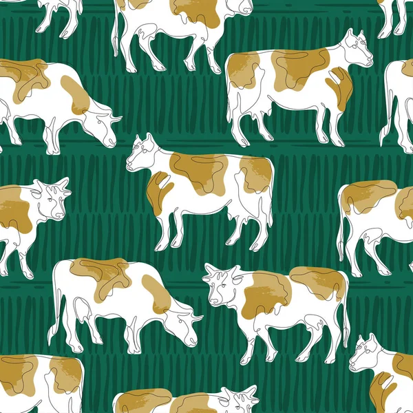 Seamless pattern with cows. Cow drawn in one line.