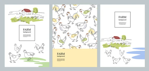 Agricultural brochure layout design. Cocks and village houses. Agricultural template. — Stock Vector