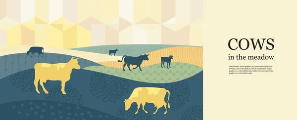 Horizontal agricultural background. Sunset. Silhouettes of cows. — Stockvektor